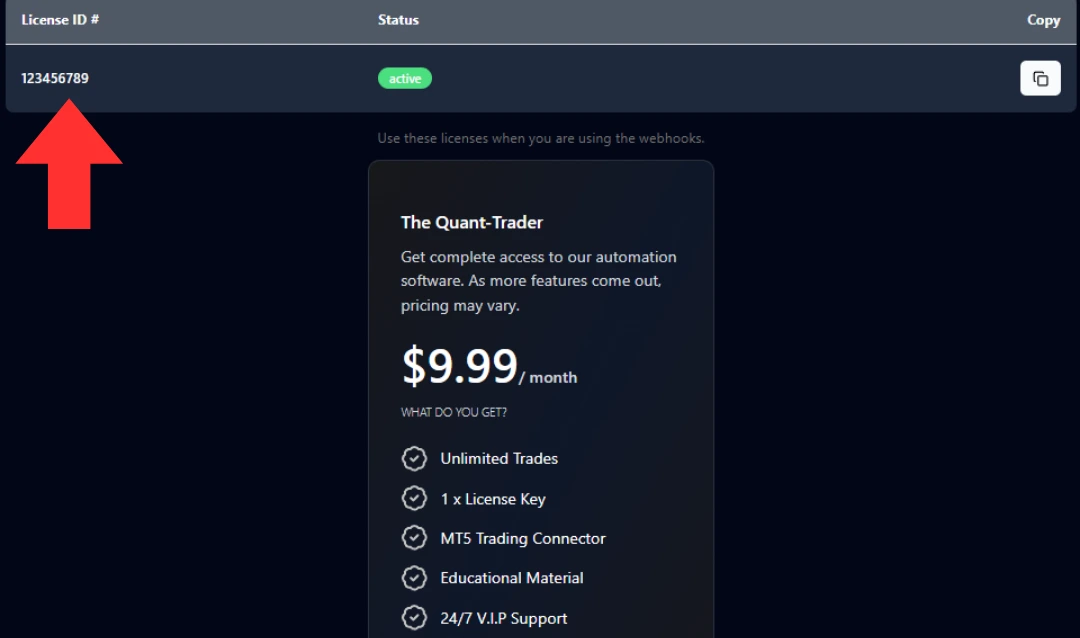 Pinetrader Dashboard showing Tradingview license key