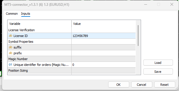 Entering License ID in MT5 EA settings